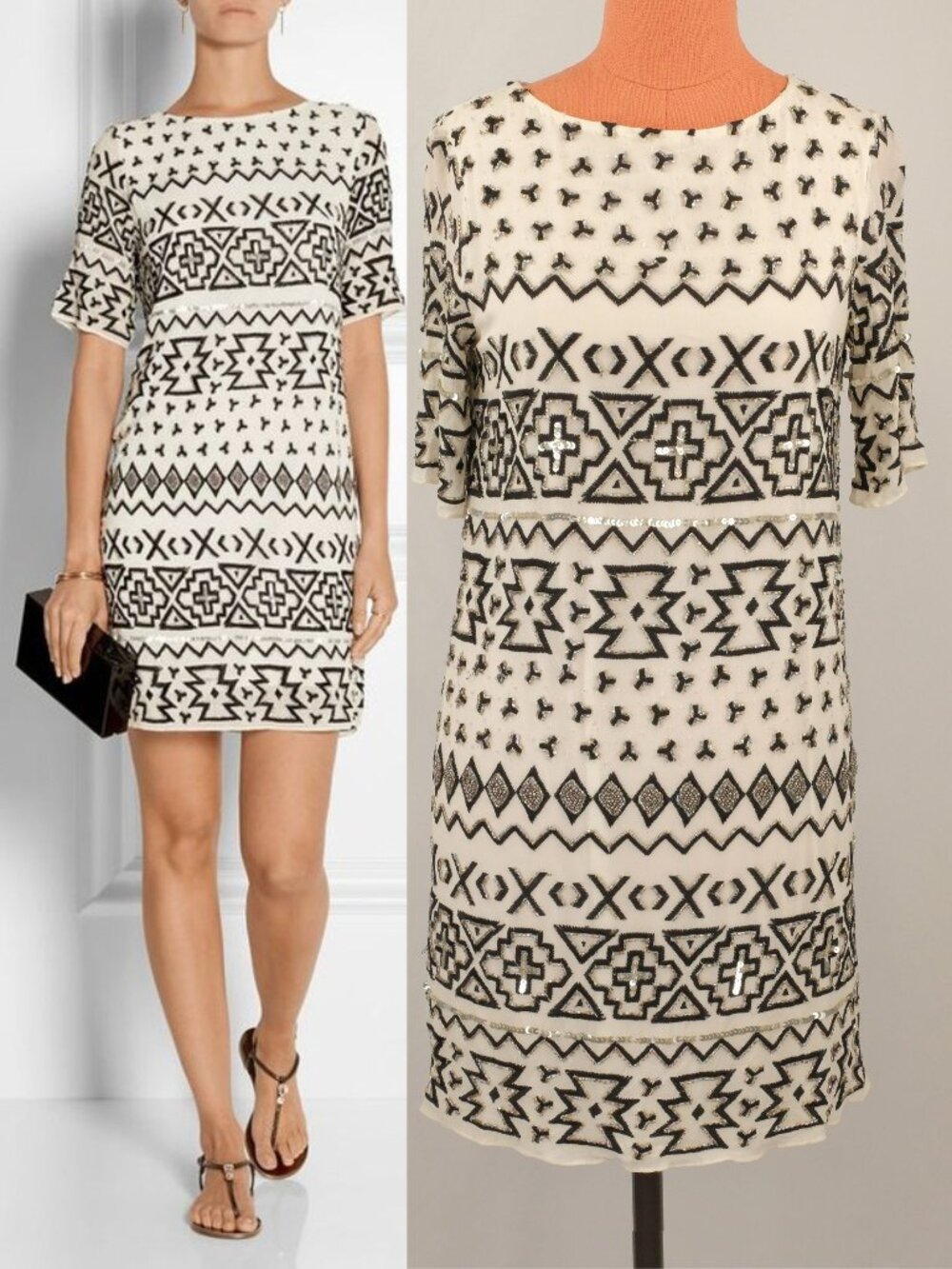 Alice + Olivia Silk Beaded Aztec Print Mini Dress, White Black